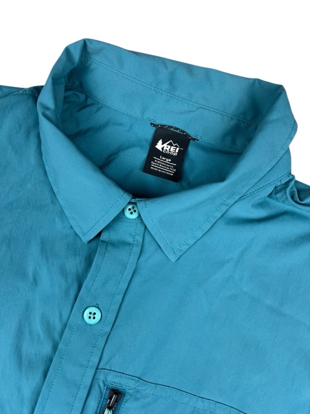 REI Co-op Tech Shirt Mens Large Teal Trail‎ Hiking Fishing Zip Pocket Outdoor